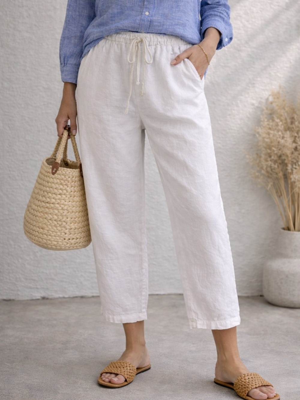 Grand Greece White Linen Drawstring Pants Tapered Leg Pull On Pockets Size L